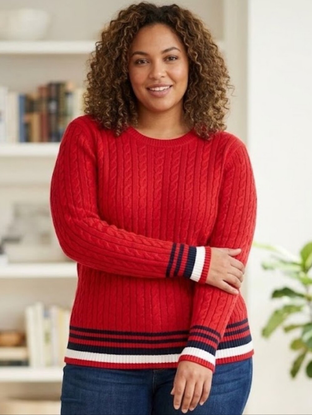 Tommy Hilfiger Cable Knit Sweater Red Blue White Ringer Trim XL